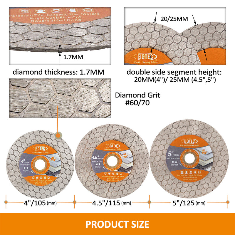 BGTEC Diamond Cutting Grinding Disc Double-sided Saw Blade for for Tile Procelain Ceramic Granite Marble Stone Dia 4"/4.5''/5''