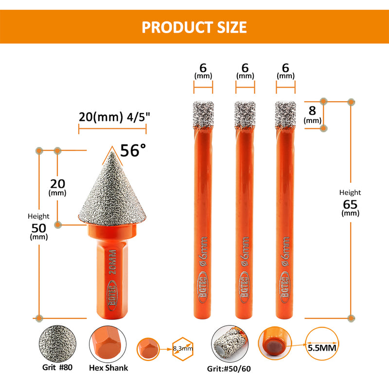 BGTEC Diamond Dry Drilling Bits 4pcs/set 6/6/6mm Core Bits+20mm Chamfer Bit for Porcelain Ceramic Tile Marble  Granite Round Shank