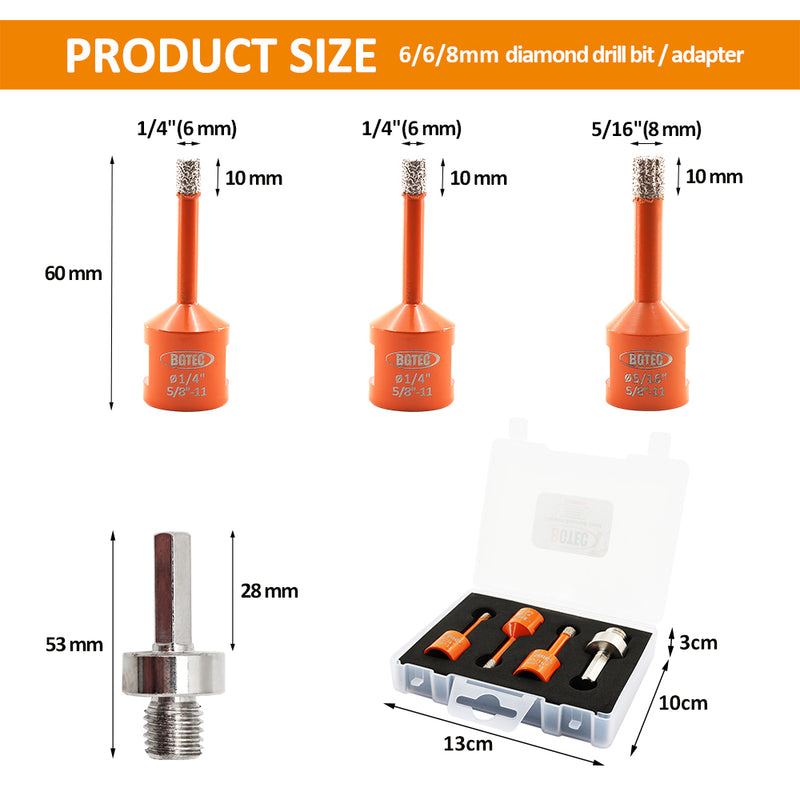 BGTEC Diamond Drill Bit 3/4pcs Dia 6/6/8/10mm Core Bits+Hex Adapter/Chamfer Granite Marble Porcelain Tile 5/8"-11 Thread