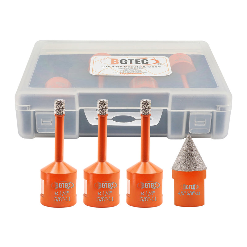 BGTEC Diamond Drill Bit 3/4pcs Dia 6/6/8/10mm Core Bits+Hex Adapter/Chamfer Granite Marble Porcelain Tile 5/8"-11 Thread