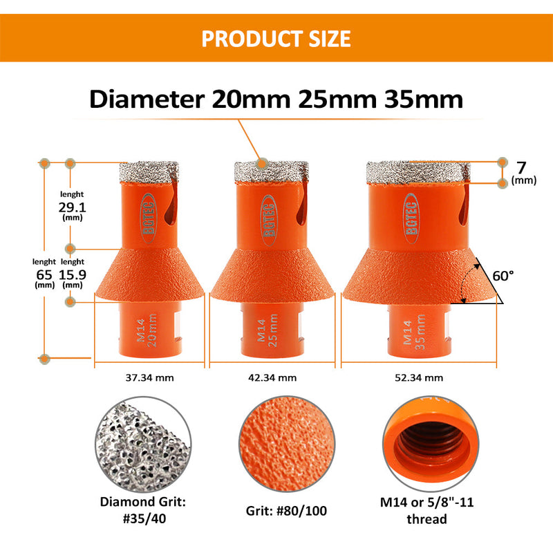 BGTEC Diamond Chamfer Drill Bits with 5/8-11 or M14 Thread for Tile Ceramic Marble Granite Dia 20/25/35mm