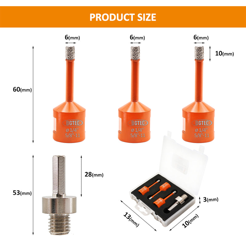 BGTEC Diamond Drill Bit 3/4pcs Dia 6/6/8/10mm Core Bits+Hex Adapter/Chamfer Granite Marble Porcelain Tile 5/8"-11 Thread