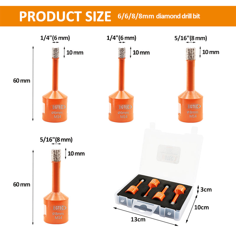 BGTEC Diamond Drill Bit Vacuum Brazed 1set/4pcs Dia 6/6/8/8mm Core Bits for Granite Marble Porcelain Tile Hole Saw M14 Thread