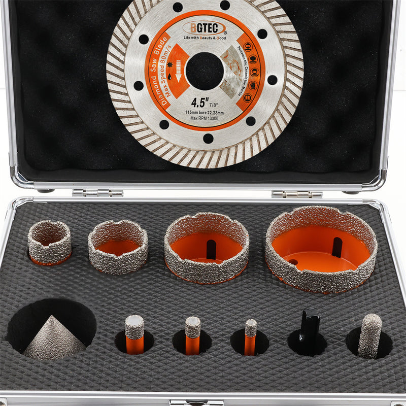 BGTEC Diamond Drill Core Bits 10pcs/set With Box Granite Marble Ceramic Vacuum Brazed Hole Saw 5/8-11 Thread