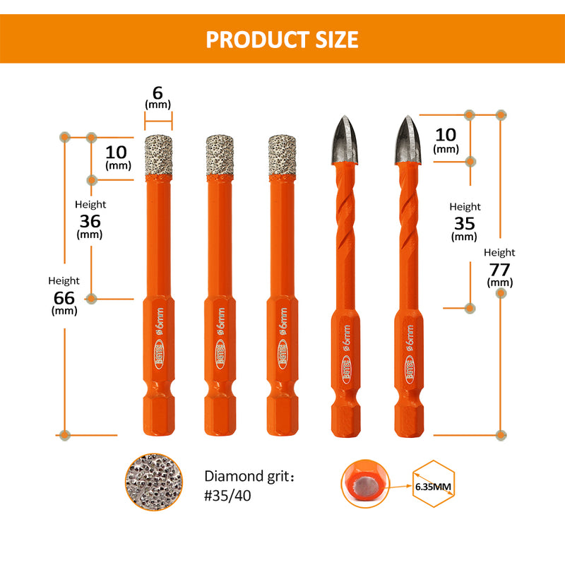 BGTEC Diamond Drill Bits Set 5/10pcs 6/8/10mm Core Bit+6mm Cross Hole Opener Ceramic Tile Glass PVC Brick Wood Quick-fit Shank