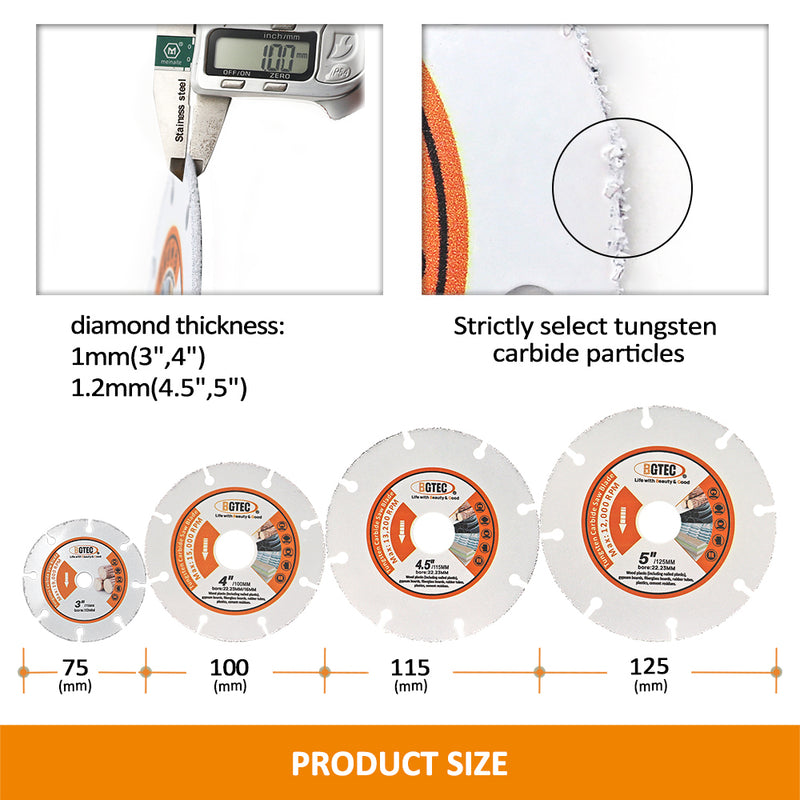 BGTEC Vacuum Brazed Carbide Cut-Off Wheel Blade for Wood Board Gypsum Board Rubber Pipe Plastic Dia 3''/4''/4.5''/5''