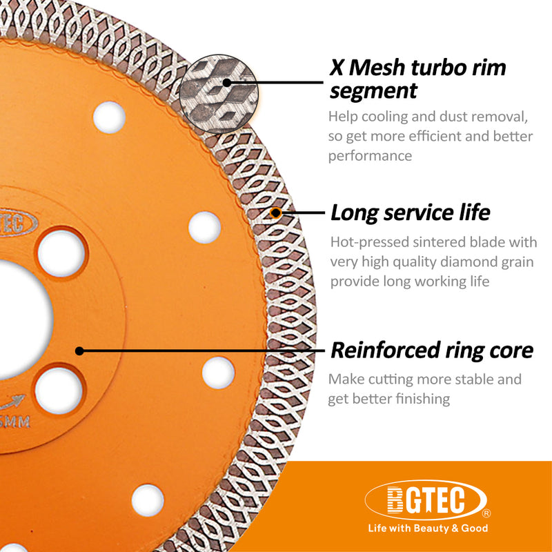 BGTEC Hot Pressed X Mesh Turbo Diamond Saw Blade Cutting Disc for Ceramic Tile Marble Granite Size 4''/4.5''/5'' Bore 22.23MM