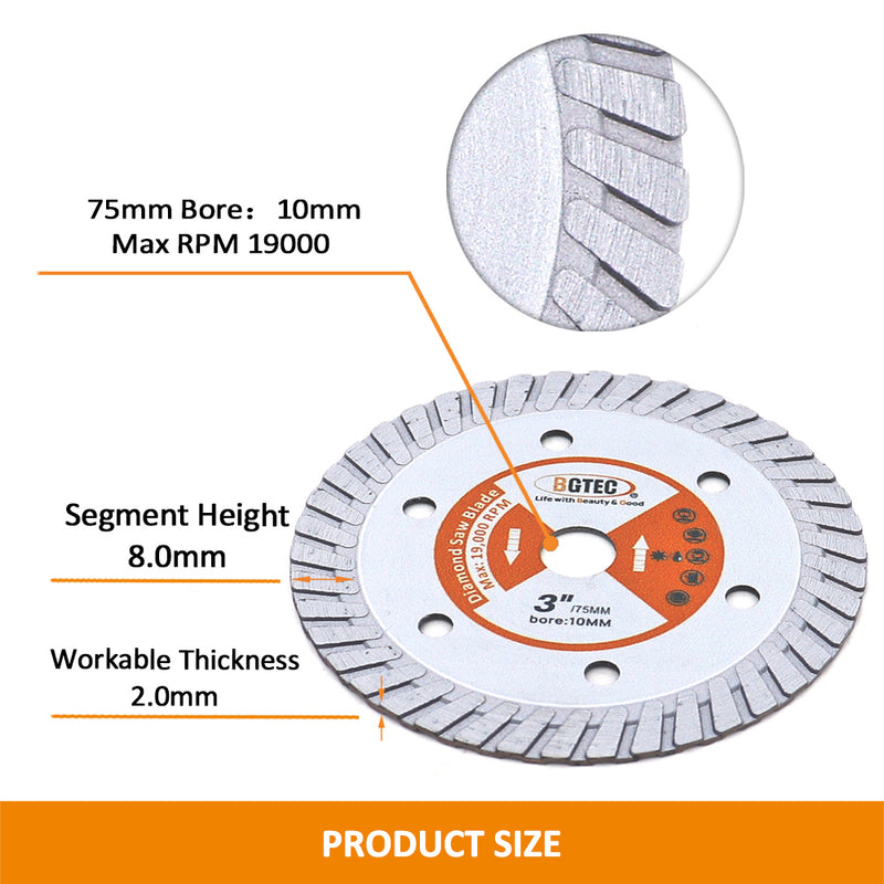 BGTEC Diamond Hot Pressed Granite Concrete Turbo Blade for Granite Marble Concrete Masonry Size 3''/75mm