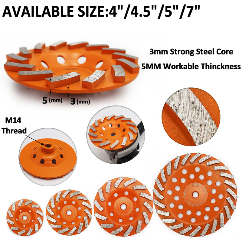 BGTEC Turbo Segments Diamond Grinding Wheels with M14 Arbor for Concrete and Masonry Dia 4''/4.5''/5''/7''