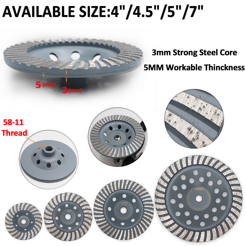 BGTEC Turbo Row Concrete Diamond Grinder Disc 4''/4.5''/5''/7'' with 5/8-11 Thread  for Angle Grinder Concrete Granite Stone Marble Masonry