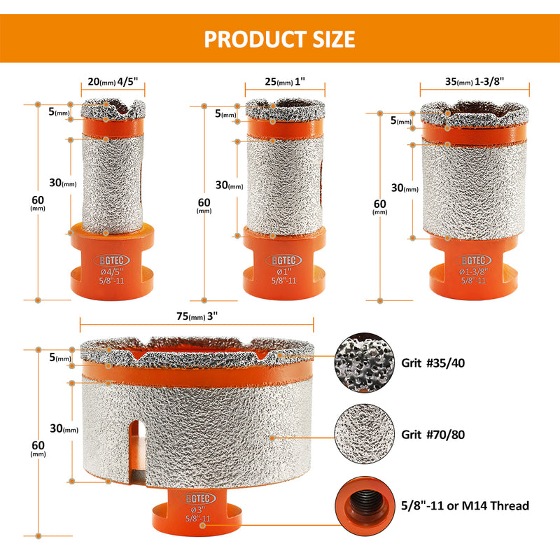 BGTEC Diamond Milling Drilling Finger Bits  1 or 2pcs Dia 20/25/35/50/68/75 mm Drilling Grinding for Marble Stone Ceramic Porcelain Tile 5/8"-11 or M14 Thread