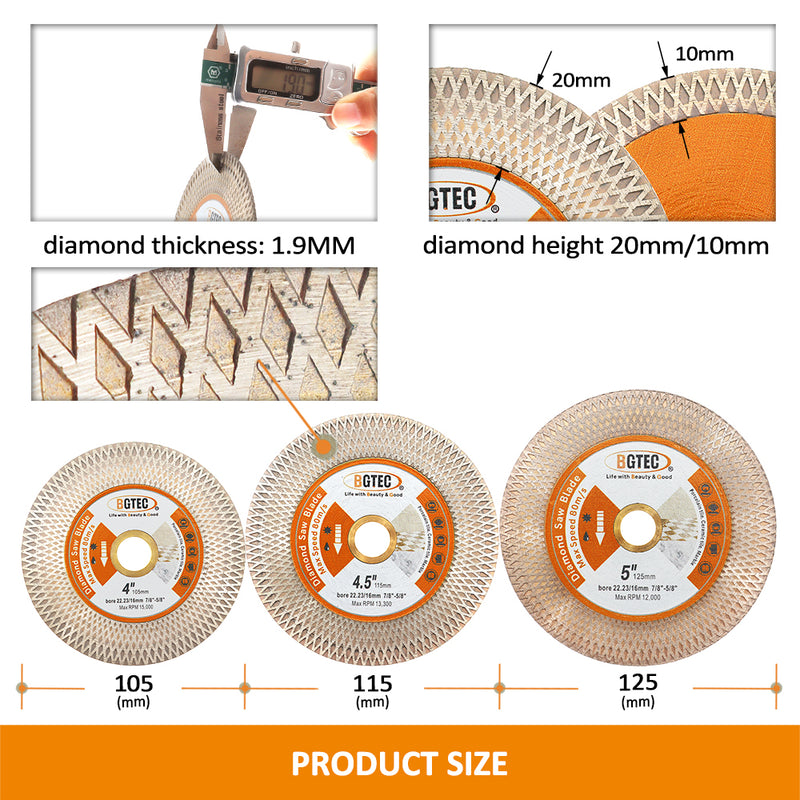 BGTEC Diamond Double-sided X Mesh Saw Blade for Tile Ceramic Marble Stone Dia 4''/4.5''/5'' Bore 22.23mm