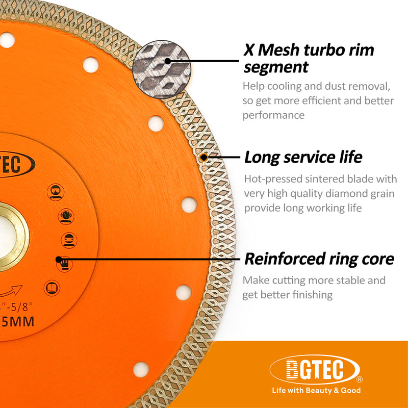 BGTEC Hot Pressed X Mesh Turbo Diamond Saw Blade for Tile Marble Ceramic Porcelain Bore 25.4mm Size 7''/8''/9''/10''/12''/14''