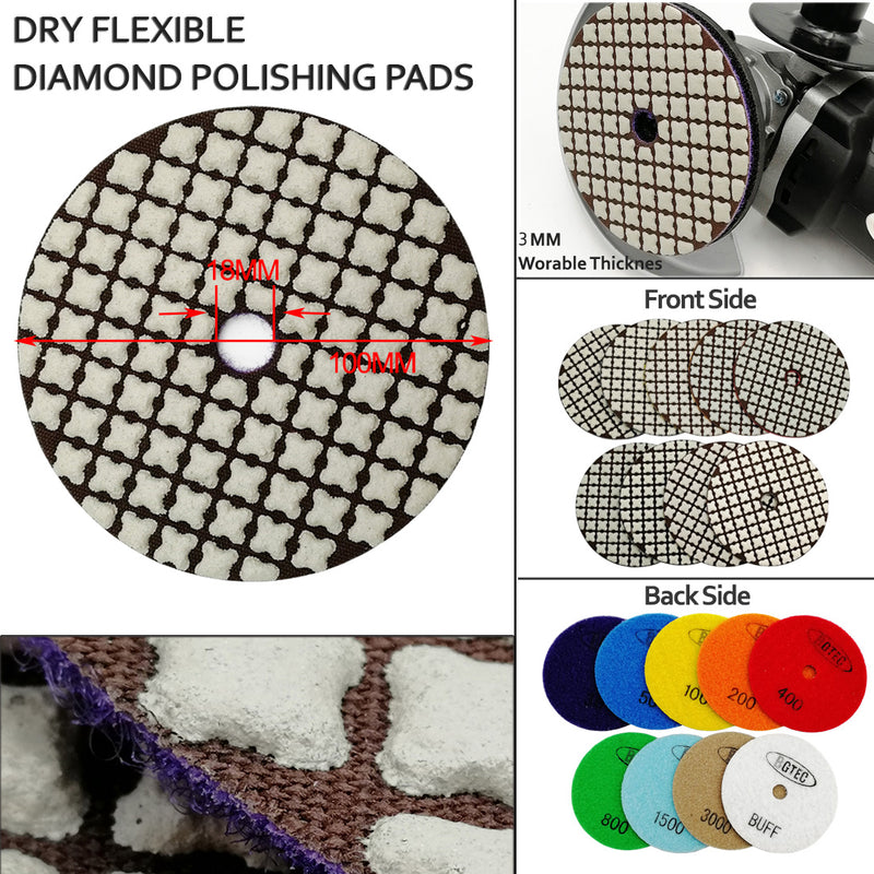 BGTEC 4 Inch Dry Diamond Polishing Pads Set, Pads Kit Grit 30 to Grit 3000 for Granite Marble Stone Quartz Tiles Concrete Floor Edges Countertop Polishing