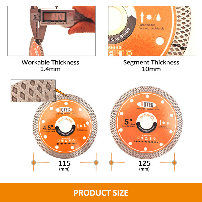 BGTEC Superthin Mesh Rim Diamond Cutting Disc 4''/4.5''/5'' for Ceramic Porcelain Marble Granite Tile