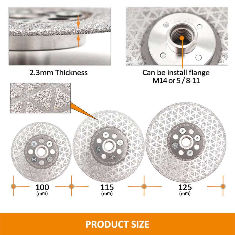 BGTEC Double Sided Vacuum Brazed Diamond Cutting and Grinding Disc with 5/8-11 Thread for Porcelain Tiles Granite Marble Concrete Dia 4''/4.5''/5''