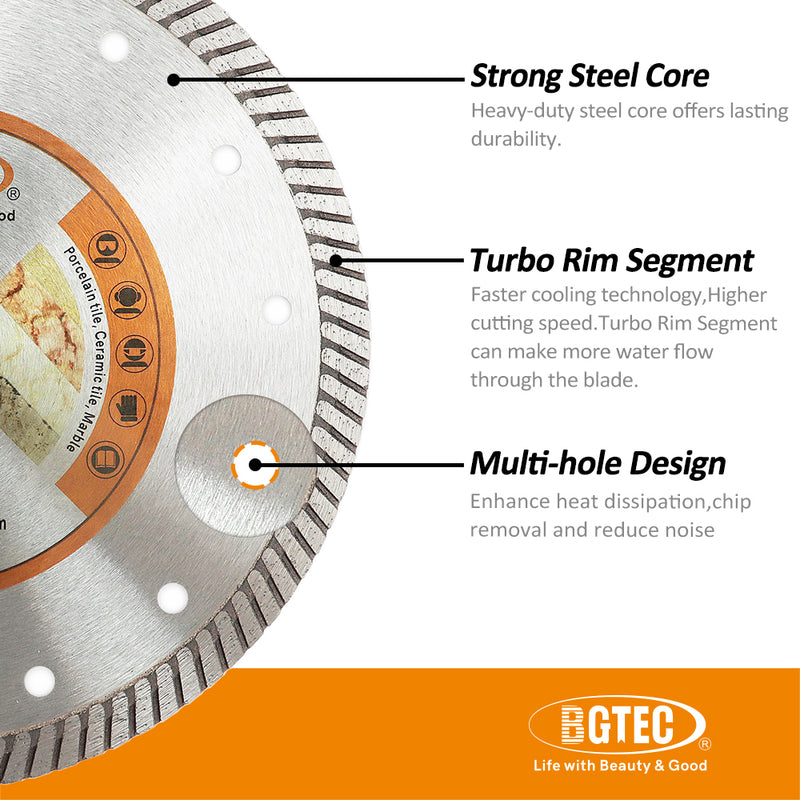 BGTEC Thin Diamond Turbo Blade for Cutting Porcelain Tile Ceramic Granite Marble Hard Material 4''/4.5''/5''/6''/7''/9''