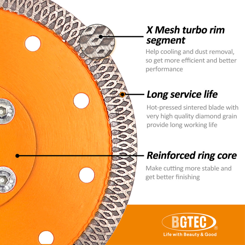 BGTEC X Mesh Turbo Diamond Porcelain Saw Blades with 5/8-11 or M14 Flange for Porcelain Tile Granite Marble Dia 4''/4.5''/5''