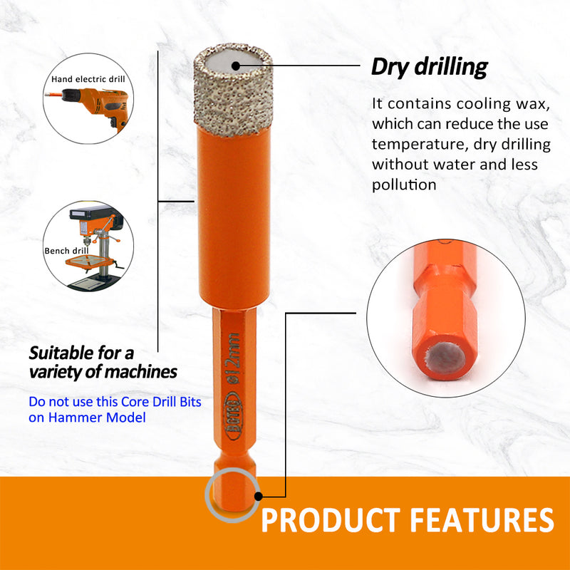 BGTEC Dry Diamond Drill Bits with Quick Change Hex Shank for Granite Porcelain Tile Ceramic Marble Dia 6/8/10/12/14mm