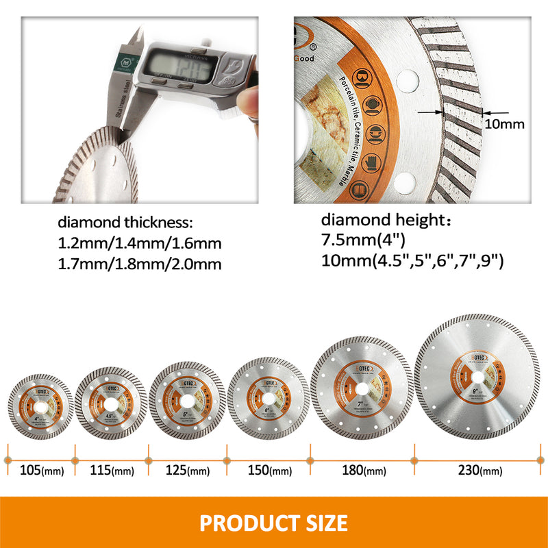 BGTEC Thin Diamond Turbo Blade for Cutting Porcelain Tile Ceramic Granite Marble Hard Material 4''/4.5''/5''/6''/7''/9''