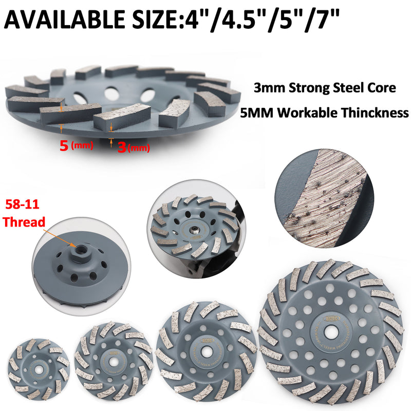 BGTEC Turbo Segments Diamond Grinding Wheels Dia 4''/4.5''/5''/7'' with 5/8-11 Arbor for Concrete and Masonry