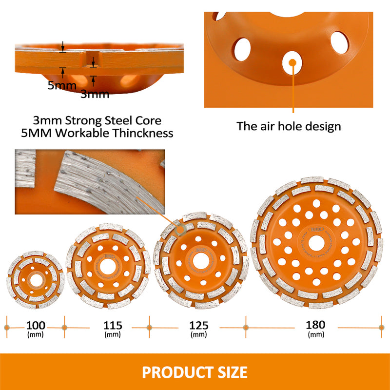 BGTEC Hot Pressed Diamond  Double Row Grinding Wheels Dia 4"/4.5''/5''/7'' for Polishing Concrete Masonry Granite Marble Bore 22.23mm