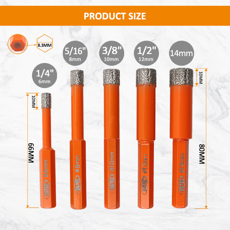 BGTEC Dry Diamond Drill Bits with Hex Shank for Granite Marble Porcelain Tile Ceramic Dia 6/8/10/12/14mm