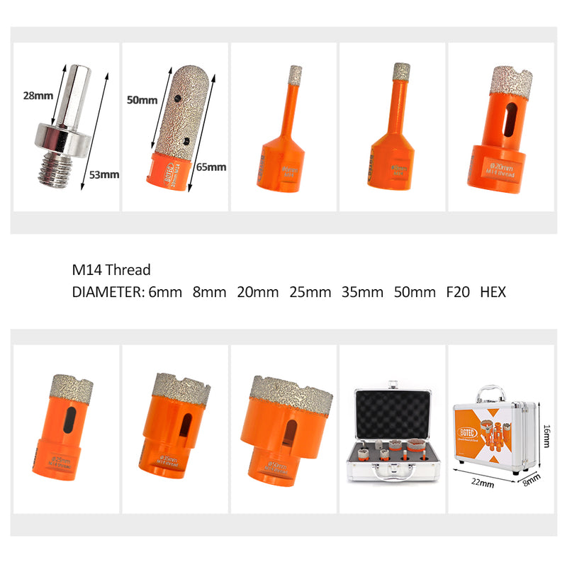 BGTEC Vacuum Brazed Diamond Core Drill Bits Kit with M14 Thread for Porcelain Tile Ceramic Granite Marble Stone Masonry Brick